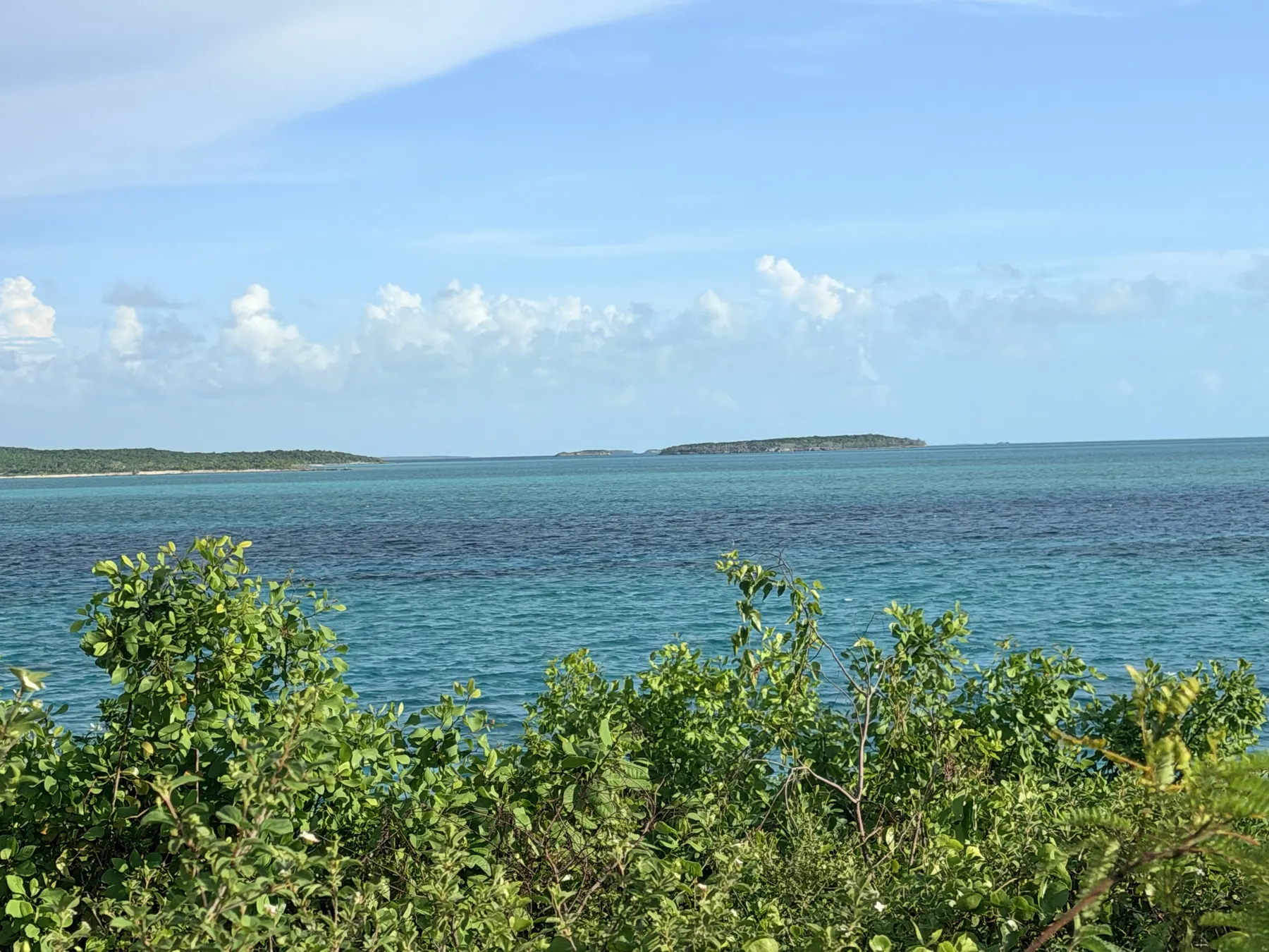 Turquoise water beyond green trees with distant cays on the horizon